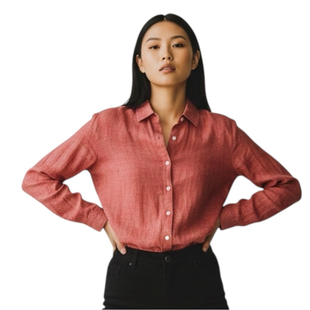 LANDS’ END 100% Linen Smocked L/S Button Down Shirt in Orange/Red Size XS P 2-4) - Picture 2 of 11
